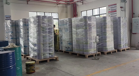 Bulk stock of industrial coatings in warehouse for fast delivery