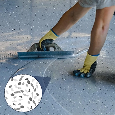 Decorative epoxy flake flooring system with custom colors and slip resistant surface finish
