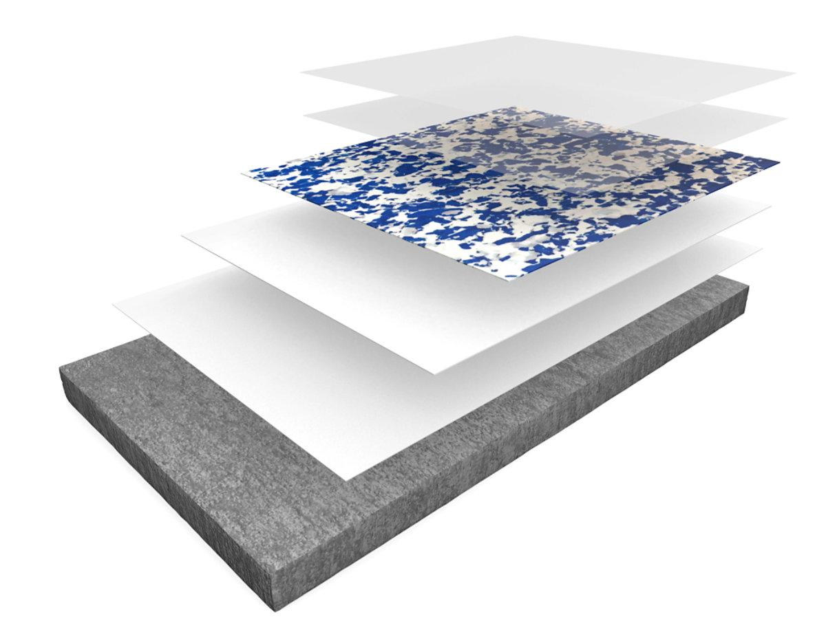 Exploded 3D layer diagram of seamless resinous flooring system on concrete substrate